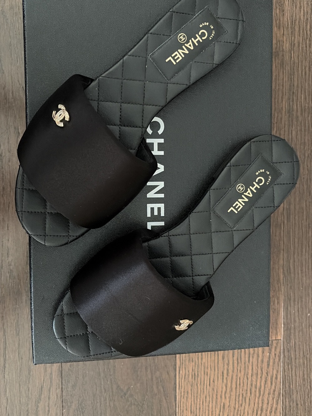CHANEL Black Satin Quilted Slide Sandals with Gold CC Emblem - Picture 2 of 7